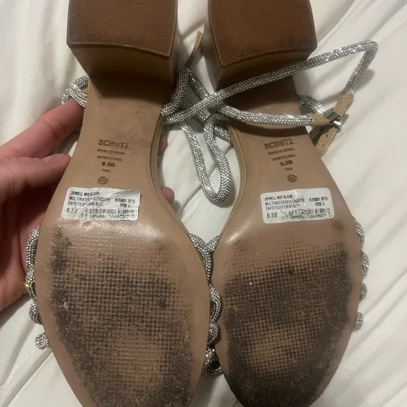 SCHUTZ Silver and Tan Strappy Heels with Block Heel - Picture 3 of 5